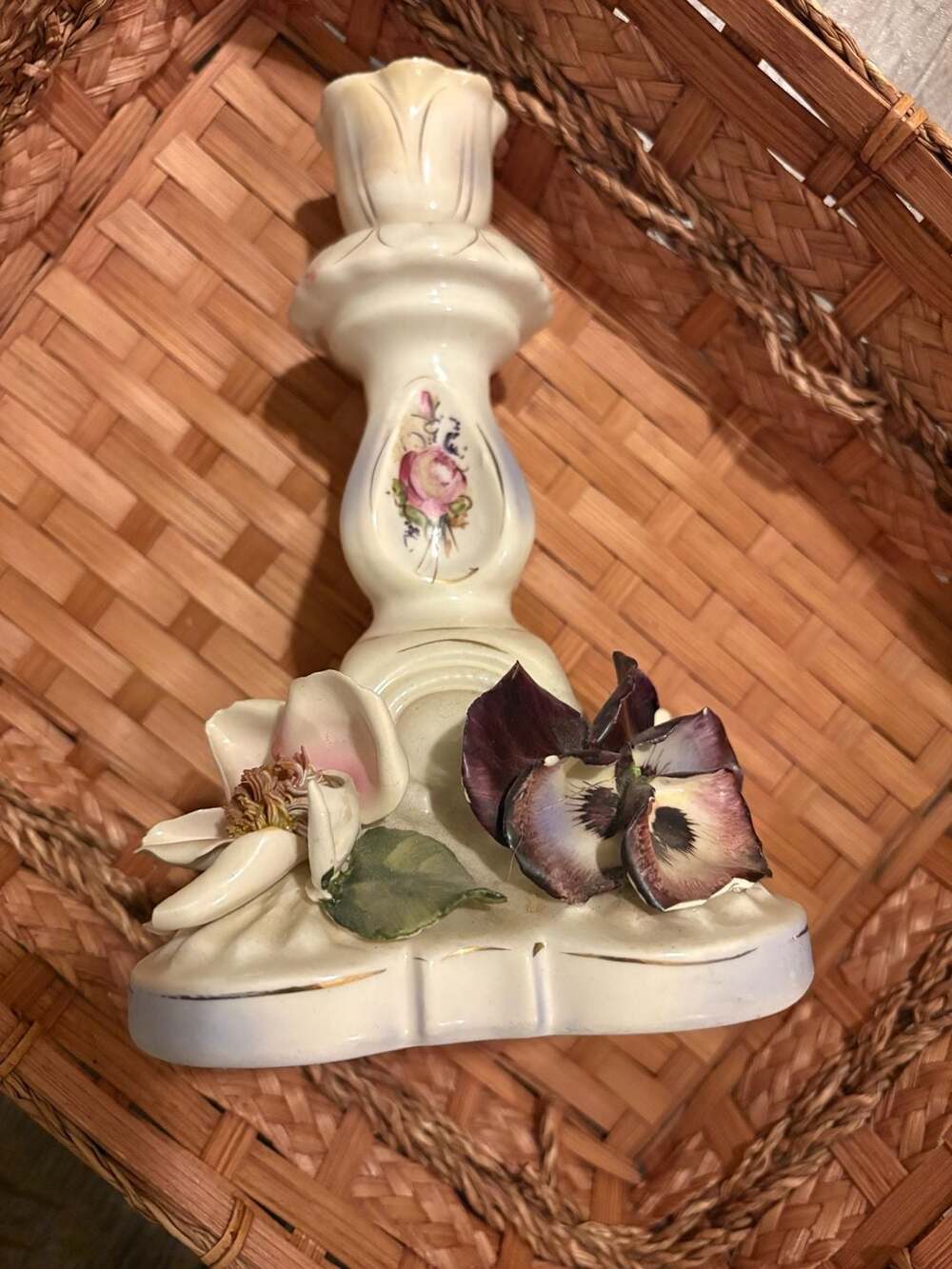 Vintage Capodimonte Style Ceramic Candlestick Holder with Applied Flowers and Ha